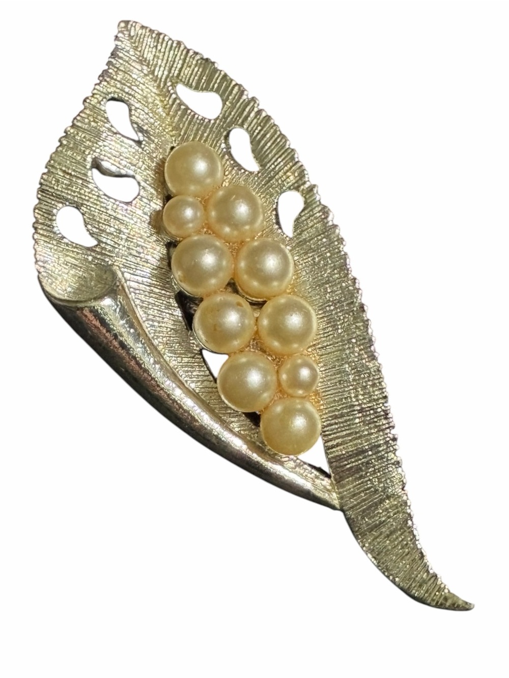 Vintage Silver Tone Leaf Faux Pearl Cluster Brooch - Women Jewelry